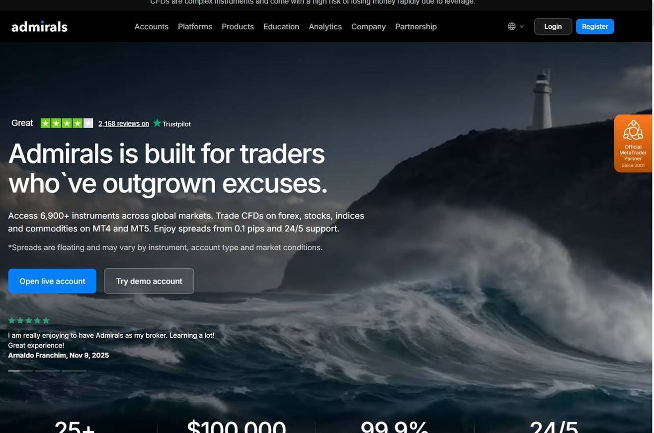 Screenshot of the Admirals website