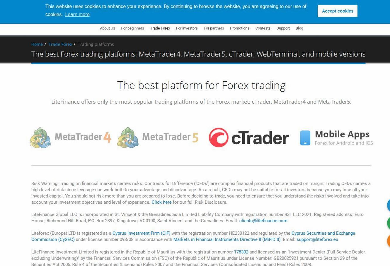 The platform page on the LiteFinance website