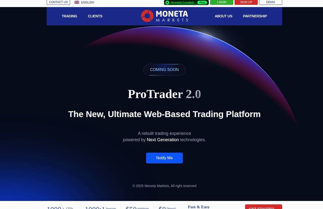 The platform page on the Moneta Markets website