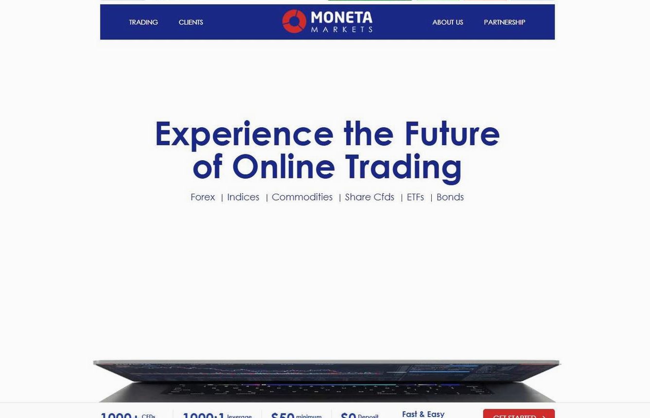 Screenshot of the Moneta Markets website