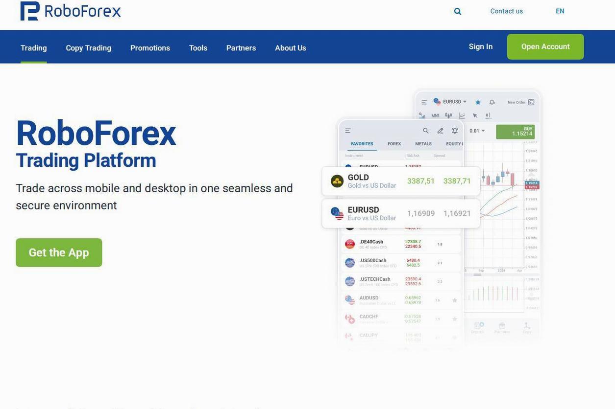 The platform page on the RoboForex website