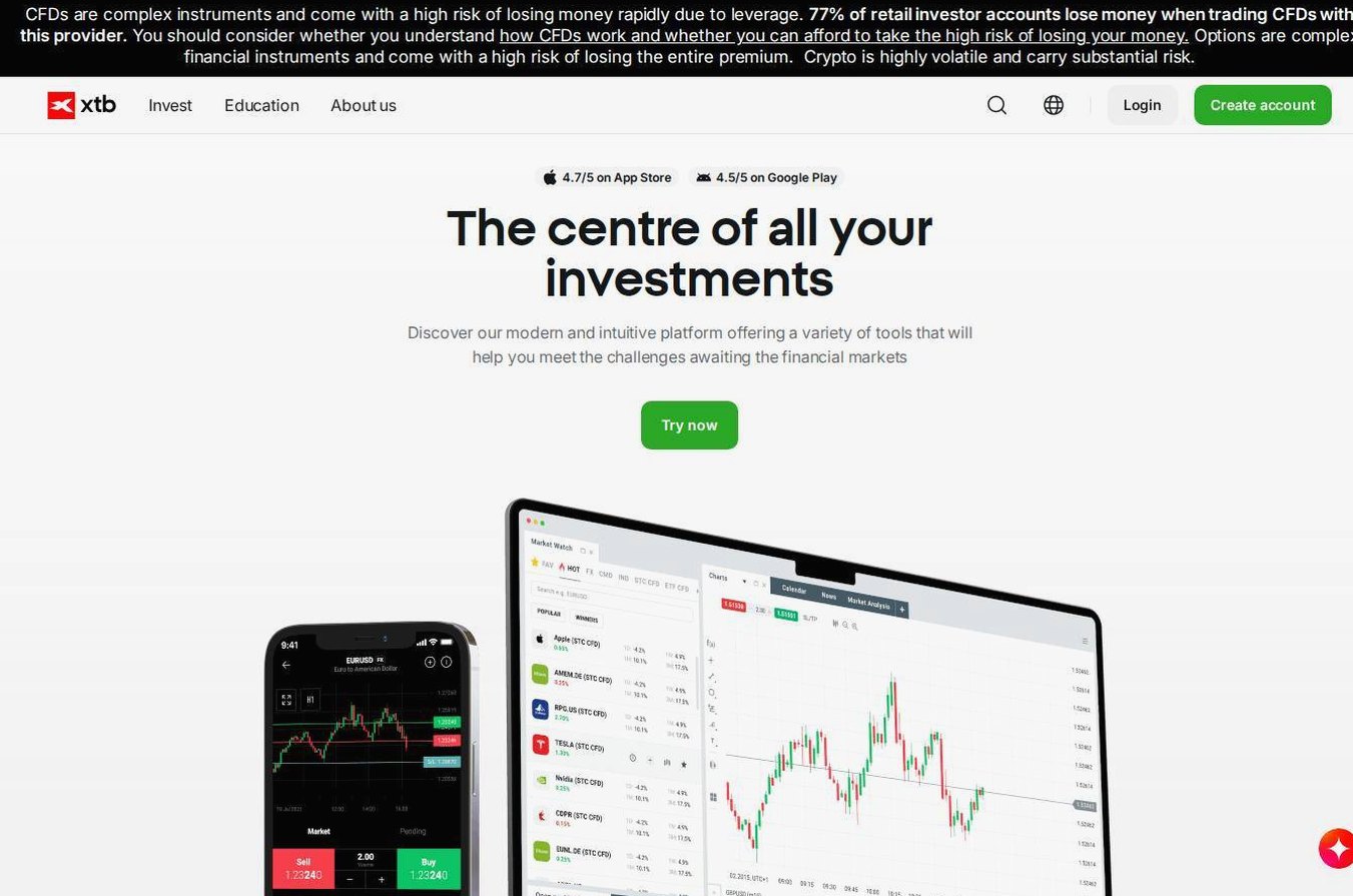 The platform page on the XTB website