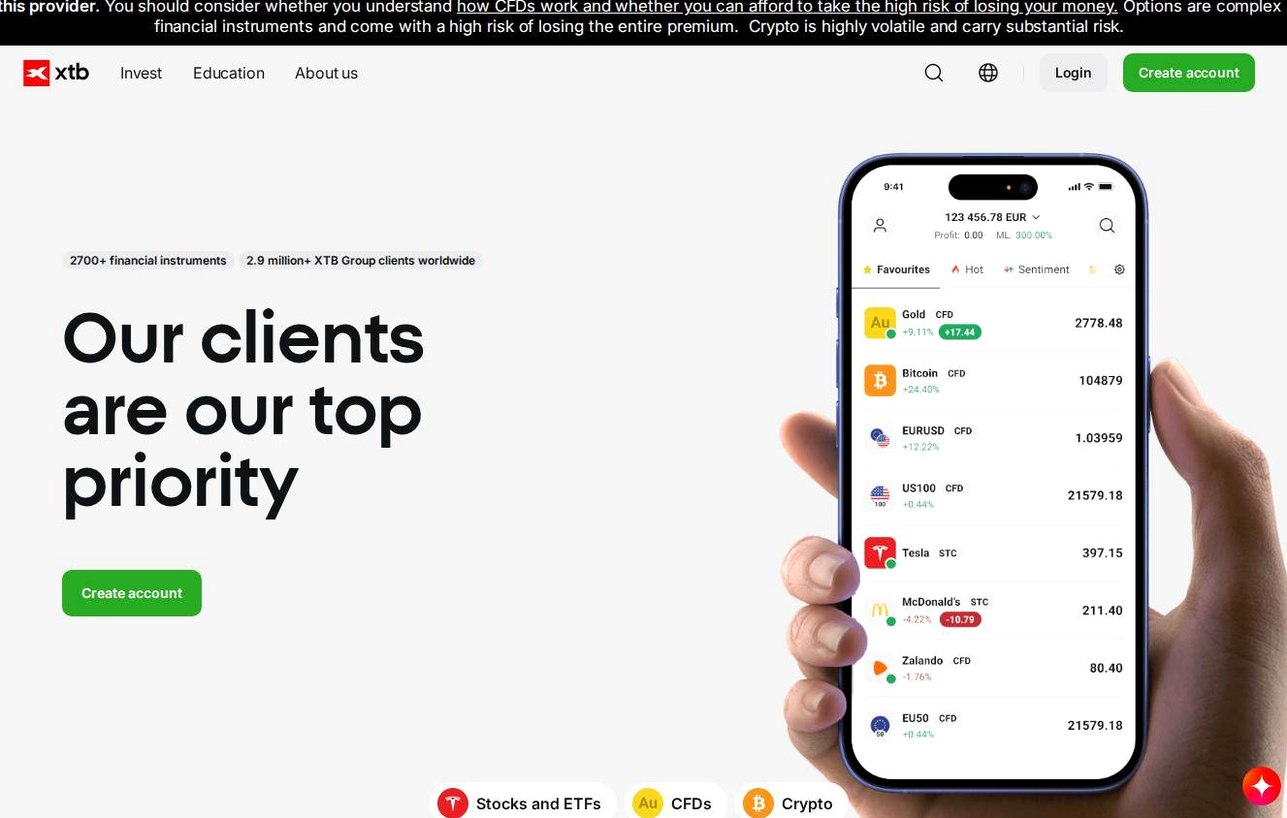 Screenshot of the XTB website